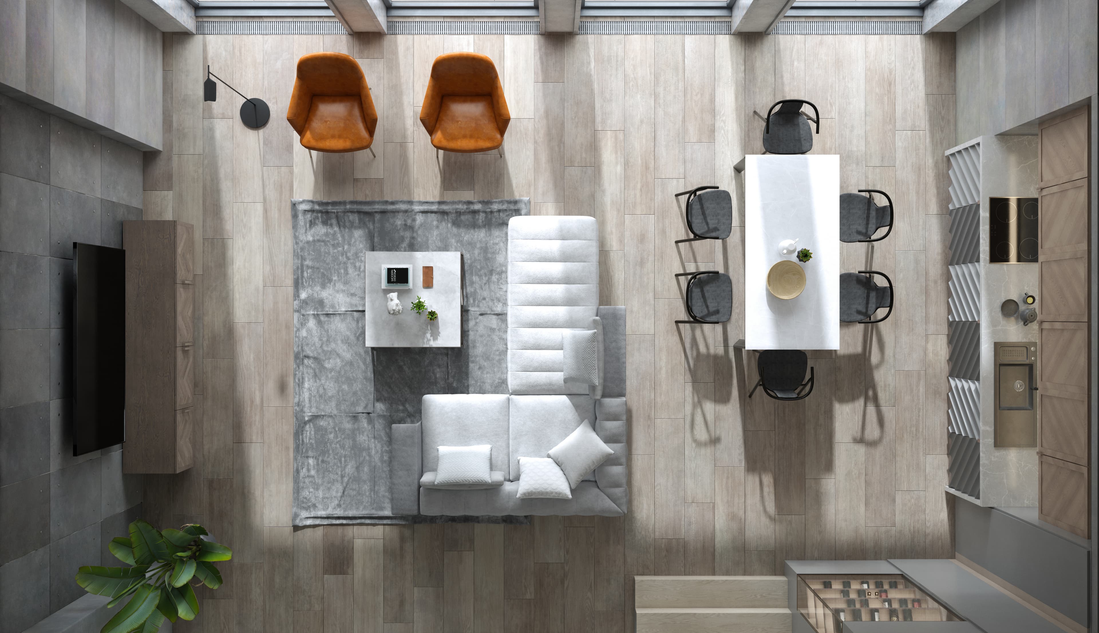 Overhead view of a modern living room design